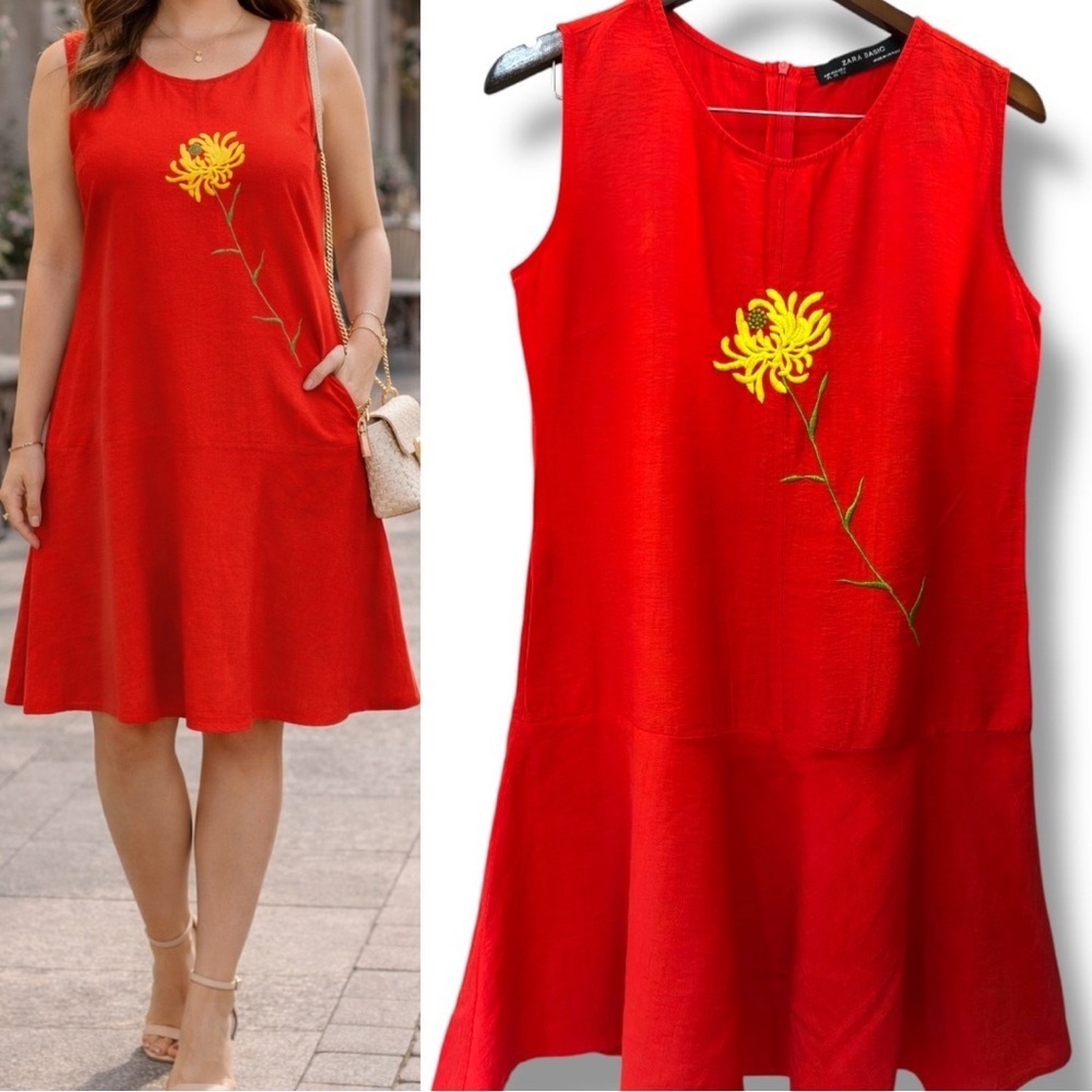 Zara | EUC Red Embroidered Flower Sleeveless Shift Dress (size XL)